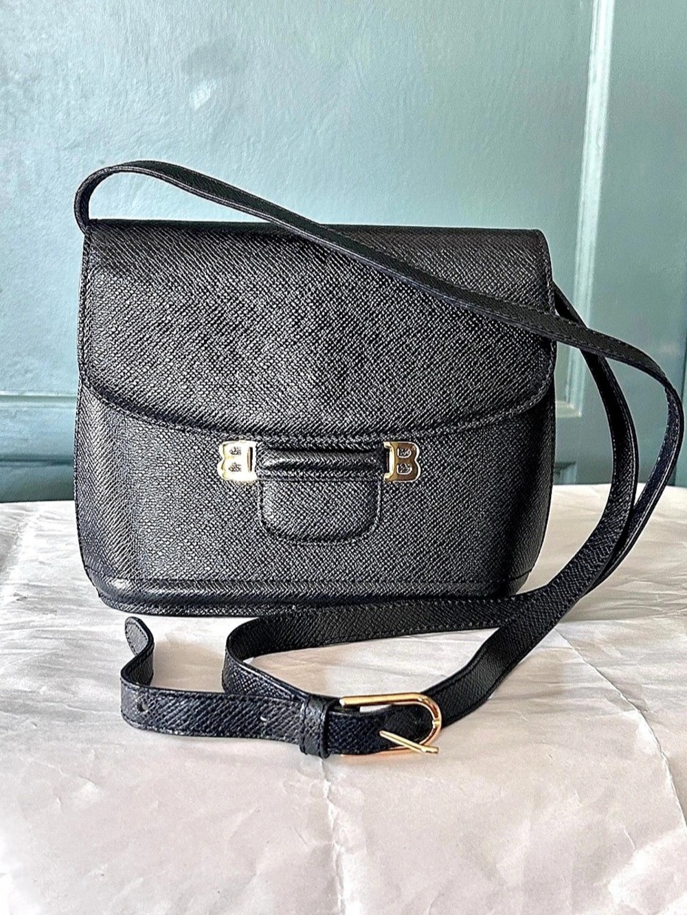 Vintage Bally Double B Black Leather Flap Crossbody Bag Gold Hardware